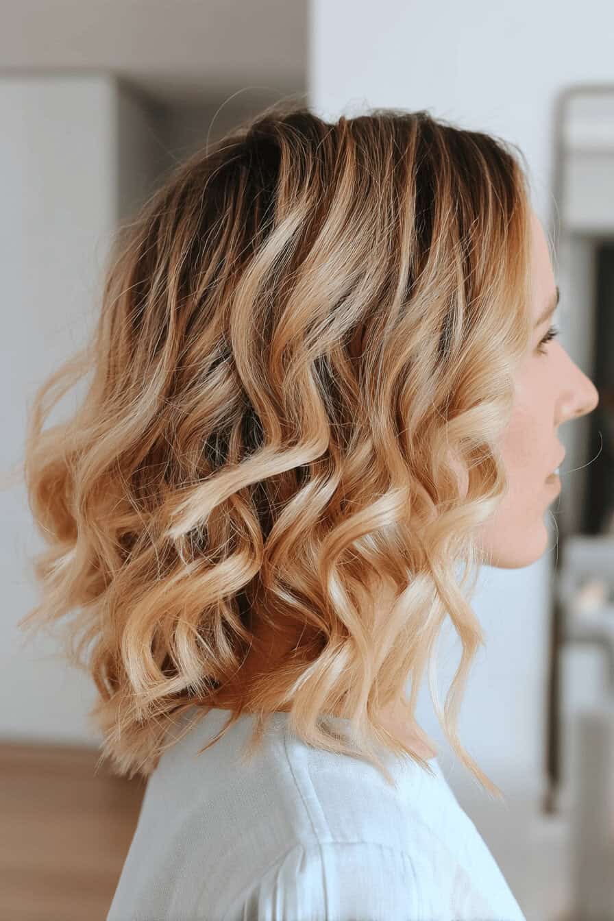 Frau mit lockigem, blondem Haar im Beach Waves Stil.