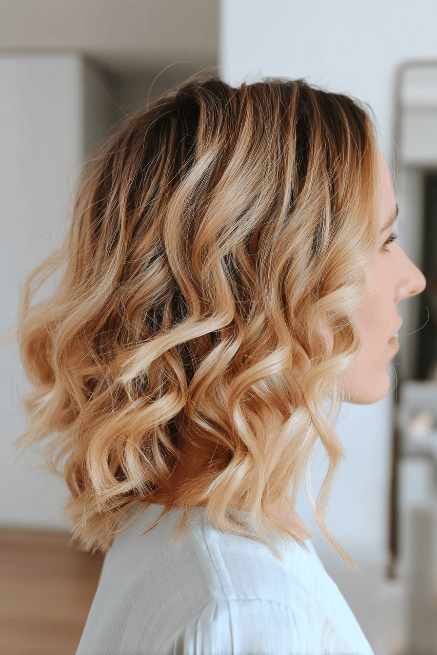 Frau mit lockigem, blondem Haar im Beach Waves Stil.