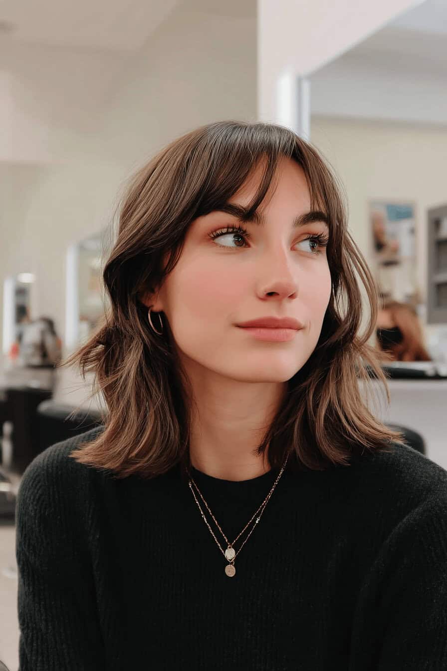 Frau mit mittellangem, welligem Haarschnitt und Pony im Friseursalon.