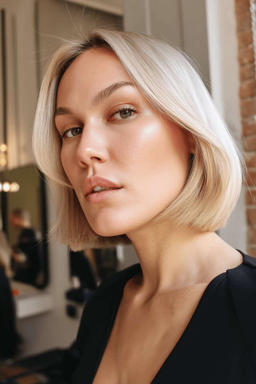 Frau mit kurzem, blondem Bob im sleek wet look.