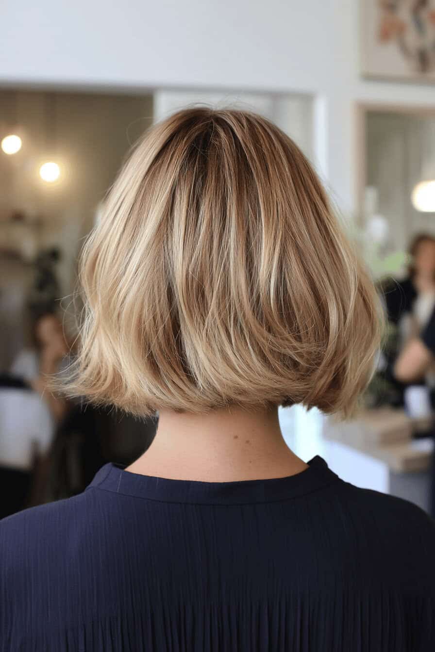 Kurzer blonder Bob von hinten mit sanftem Balayage-Effekt.