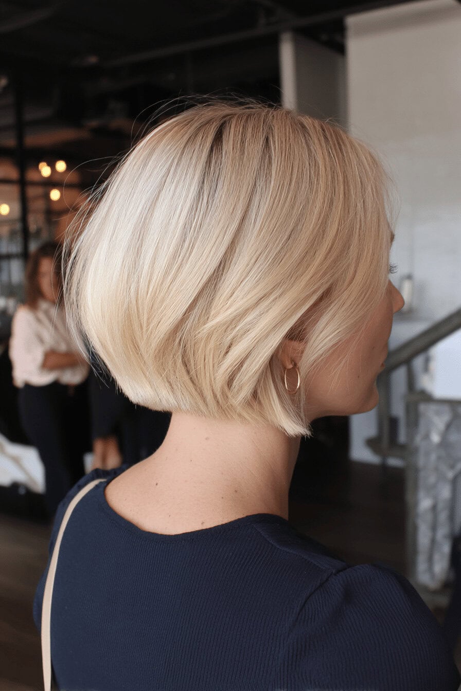 Nahaufnahme einer kurzen blonden Bob-Frisur mit Undercut, lässig gestylt.