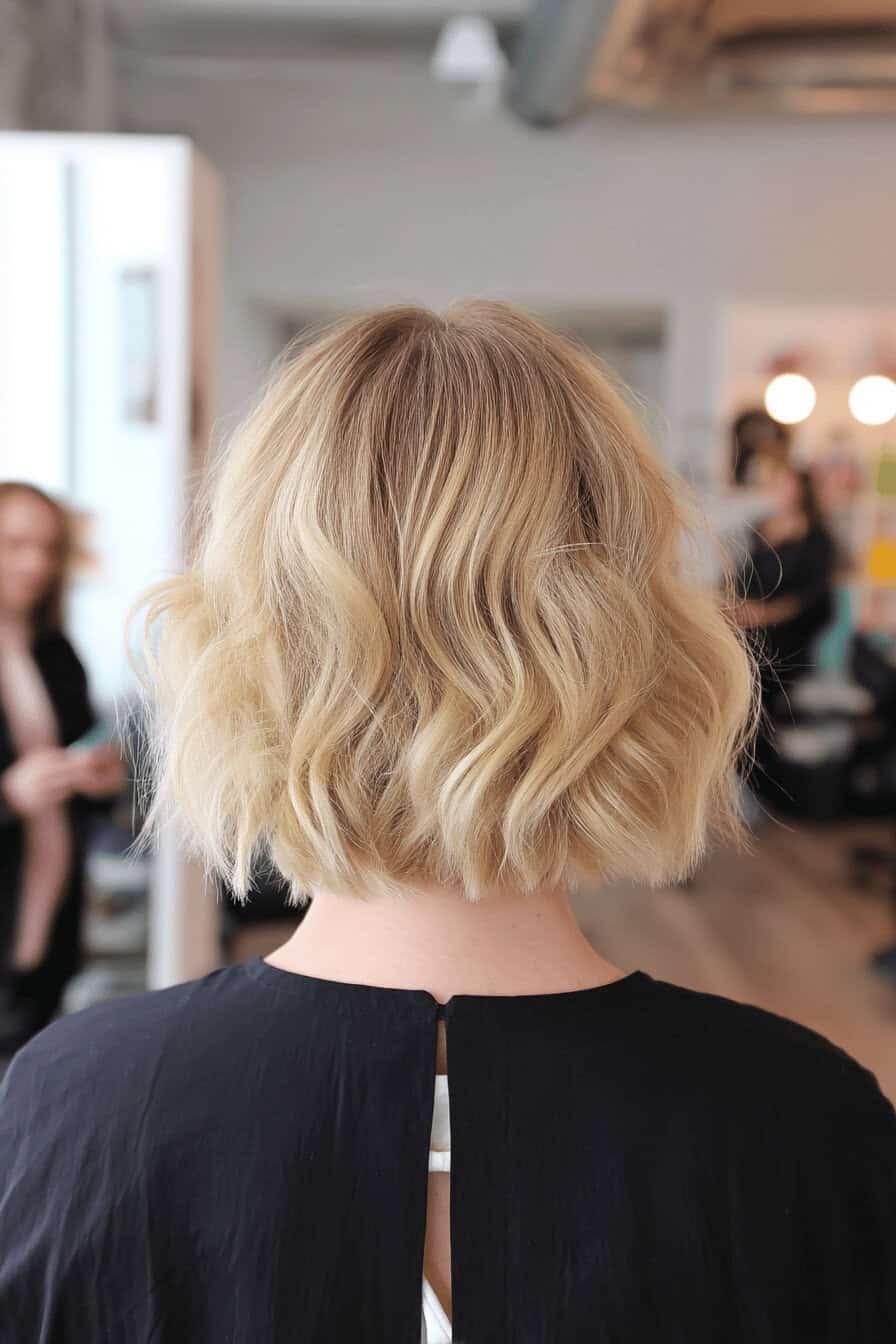 Blonder welliger Bob von hinten gesehen in einem Friseursalon.