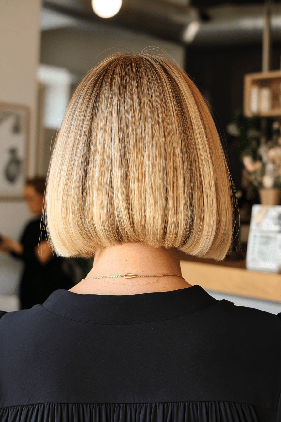Rückansicht eines blonden Bobs mit Highlights in einem modernen Friseursalon.