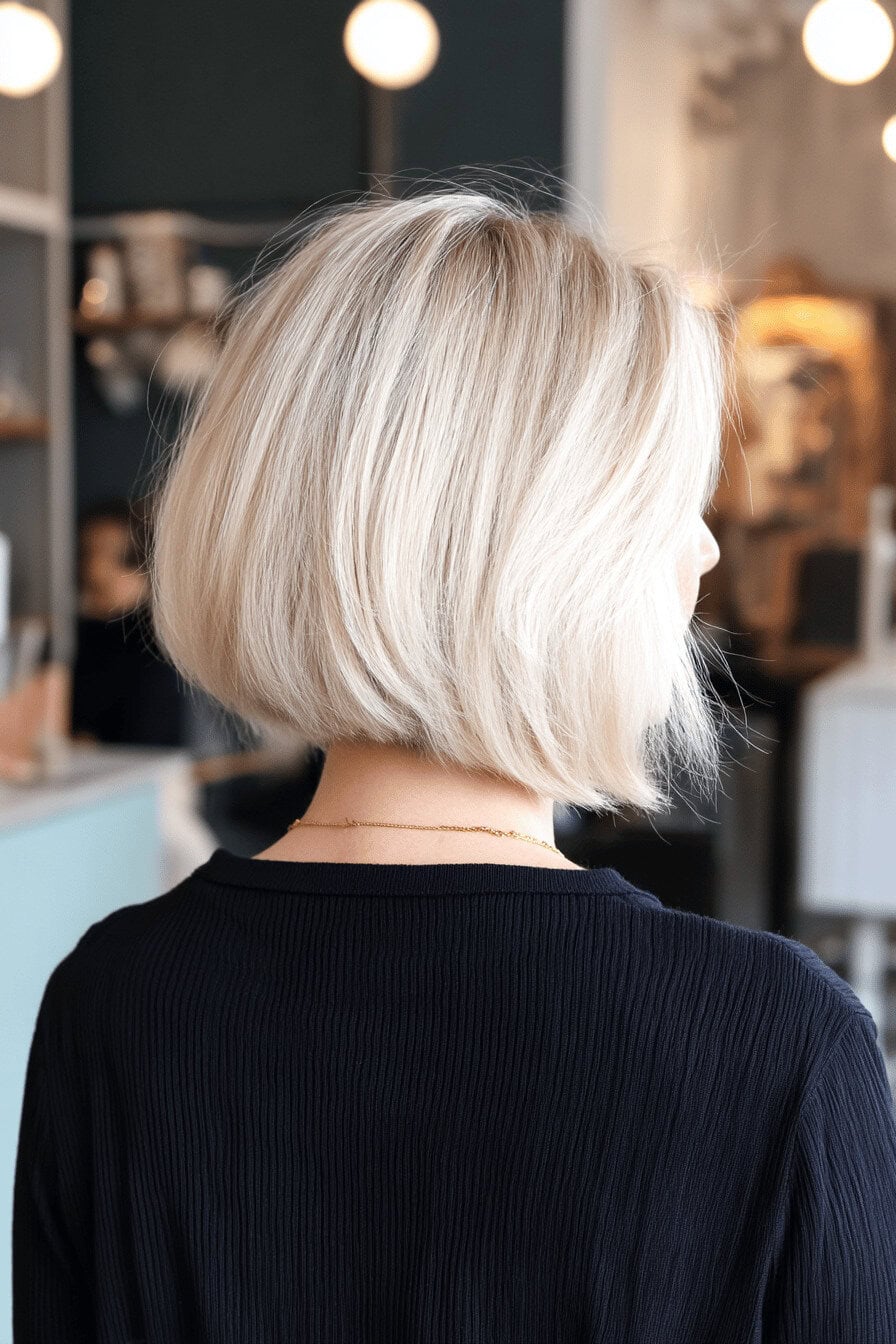 Rückansicht eines kurzen, blonden, abgerundeten Bob-Haarschnitts.
