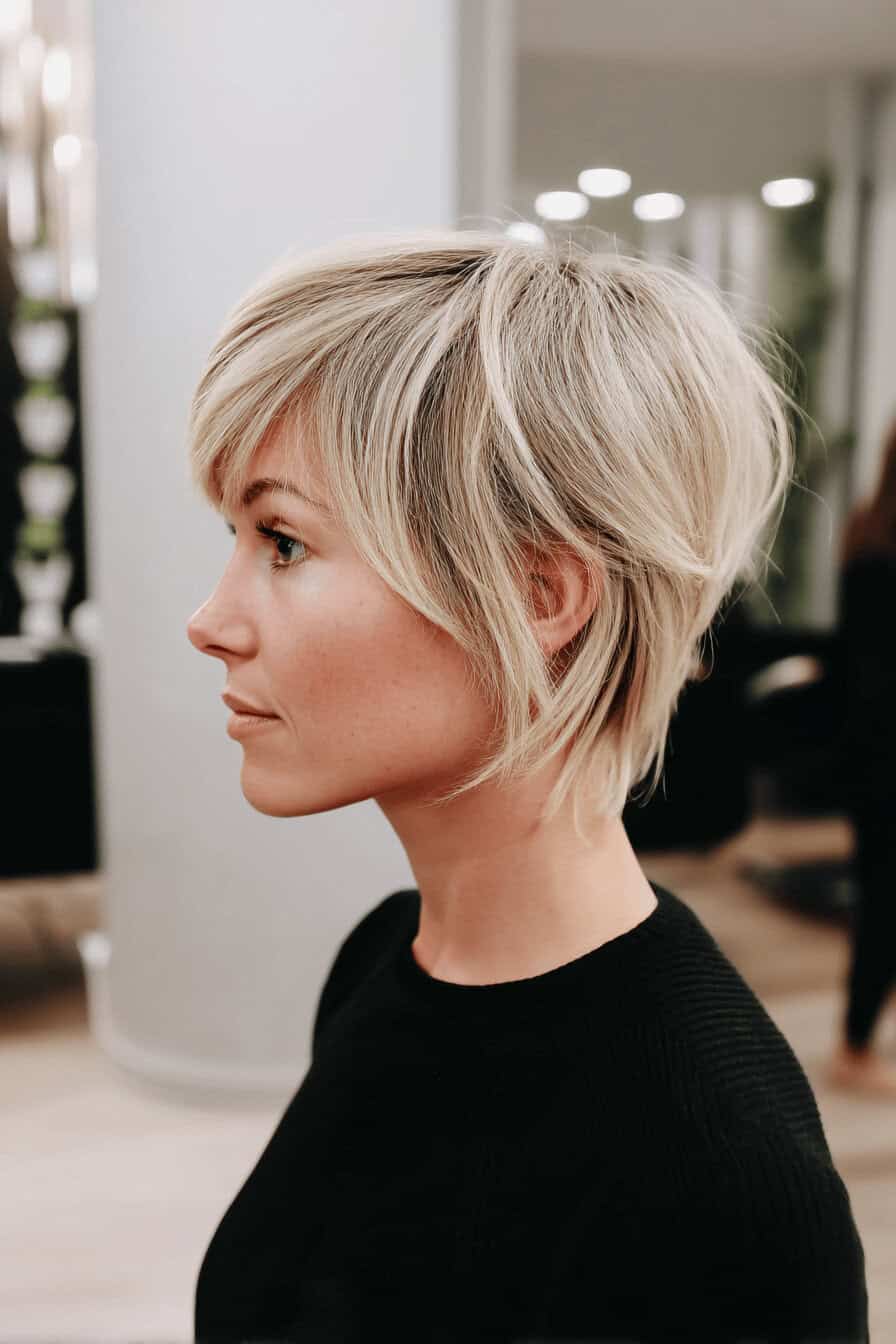 Seitenansicht einer Frau mit blondem, kurz geschnittenem Shaggy Bob in einem Salon.