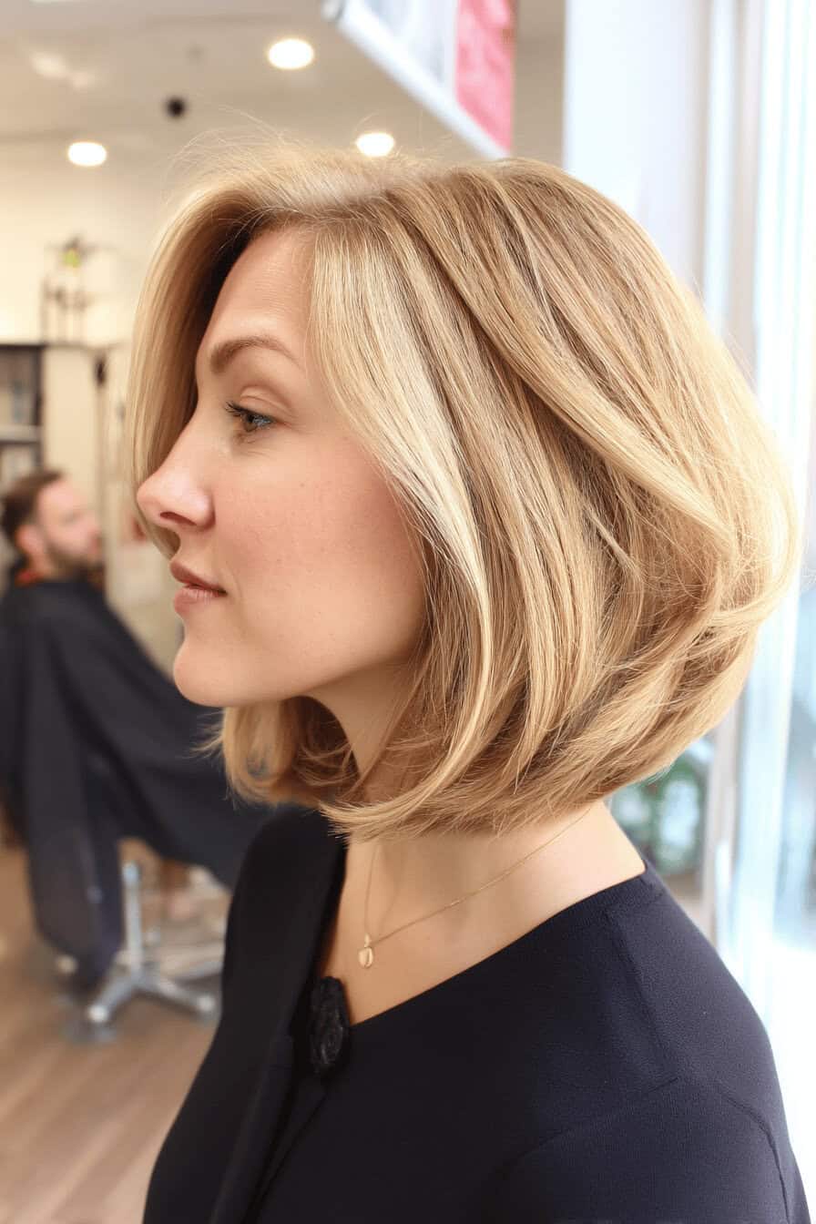 Profilaufnahme einer Frau mit blondiertem, voluminösem Bob-Haarschnitt in einem Friseursalon.