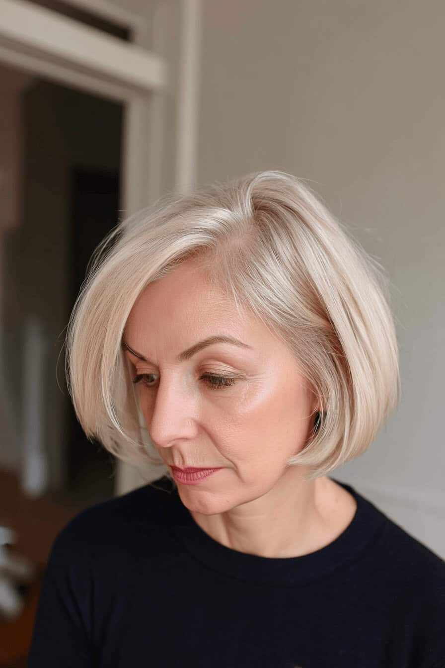 Nahaufnahme einer älteren Frau mit elegantem Blunt Bob Hairstyle.