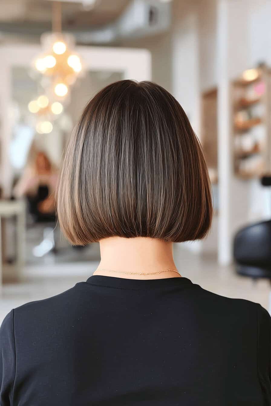 Hinteransicht eines stilvollen, geraden Bob-Haarschnitts.