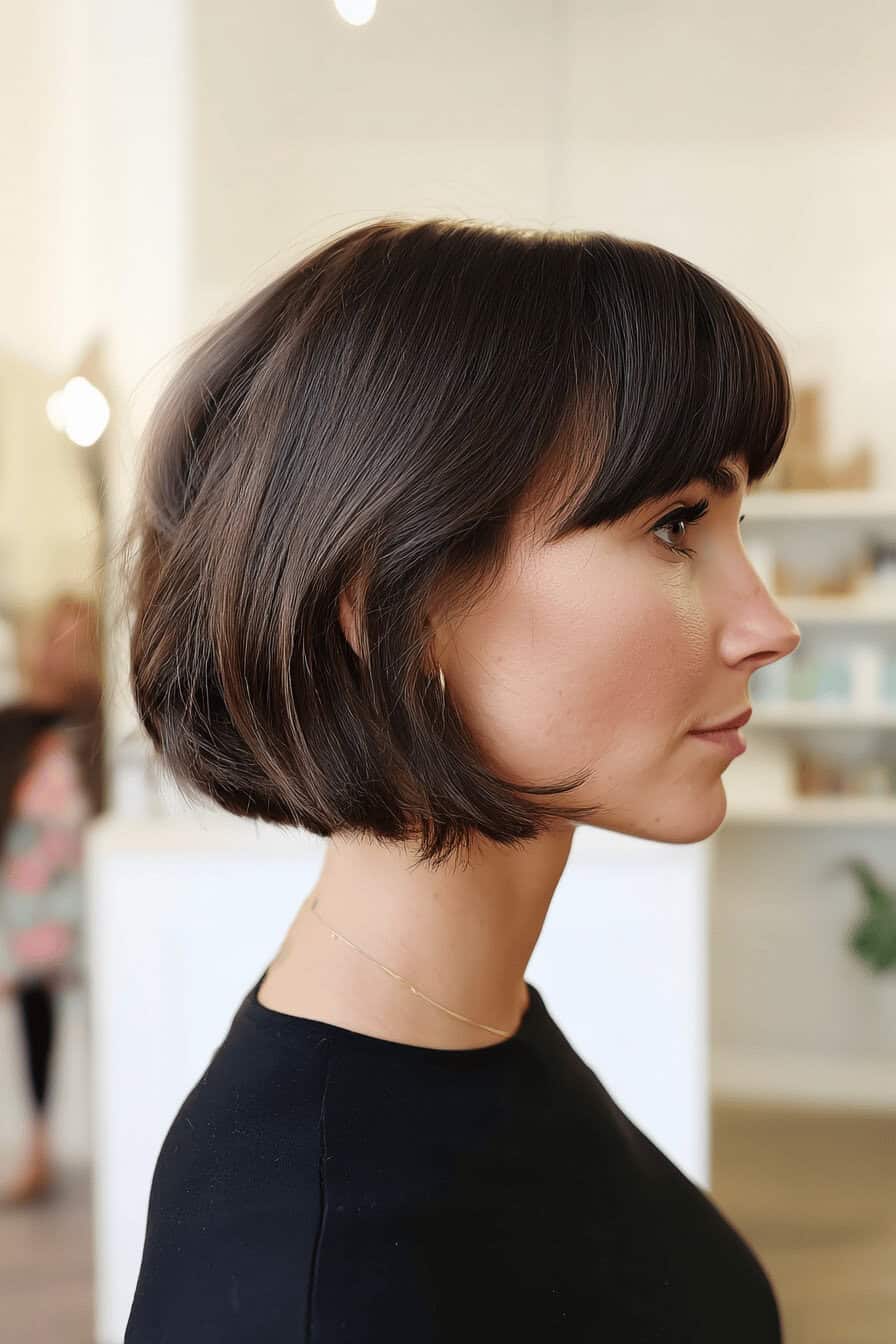 Frau mit einem stilvollen Bob und Baby Pony in einem hellen Raum.