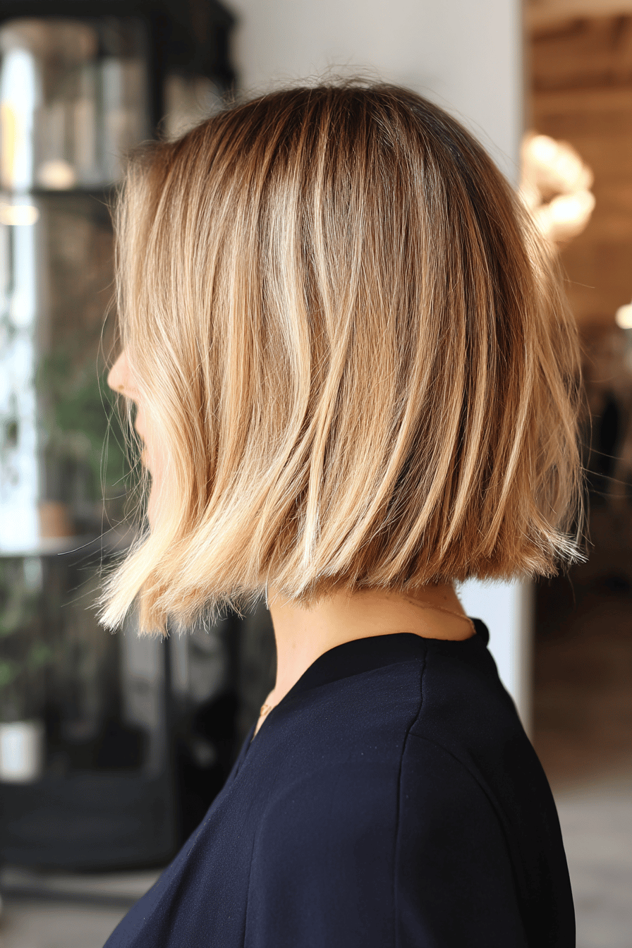 Eine Frau mit einem kurzen Bob im Balayage-Look von hinten gesehen.