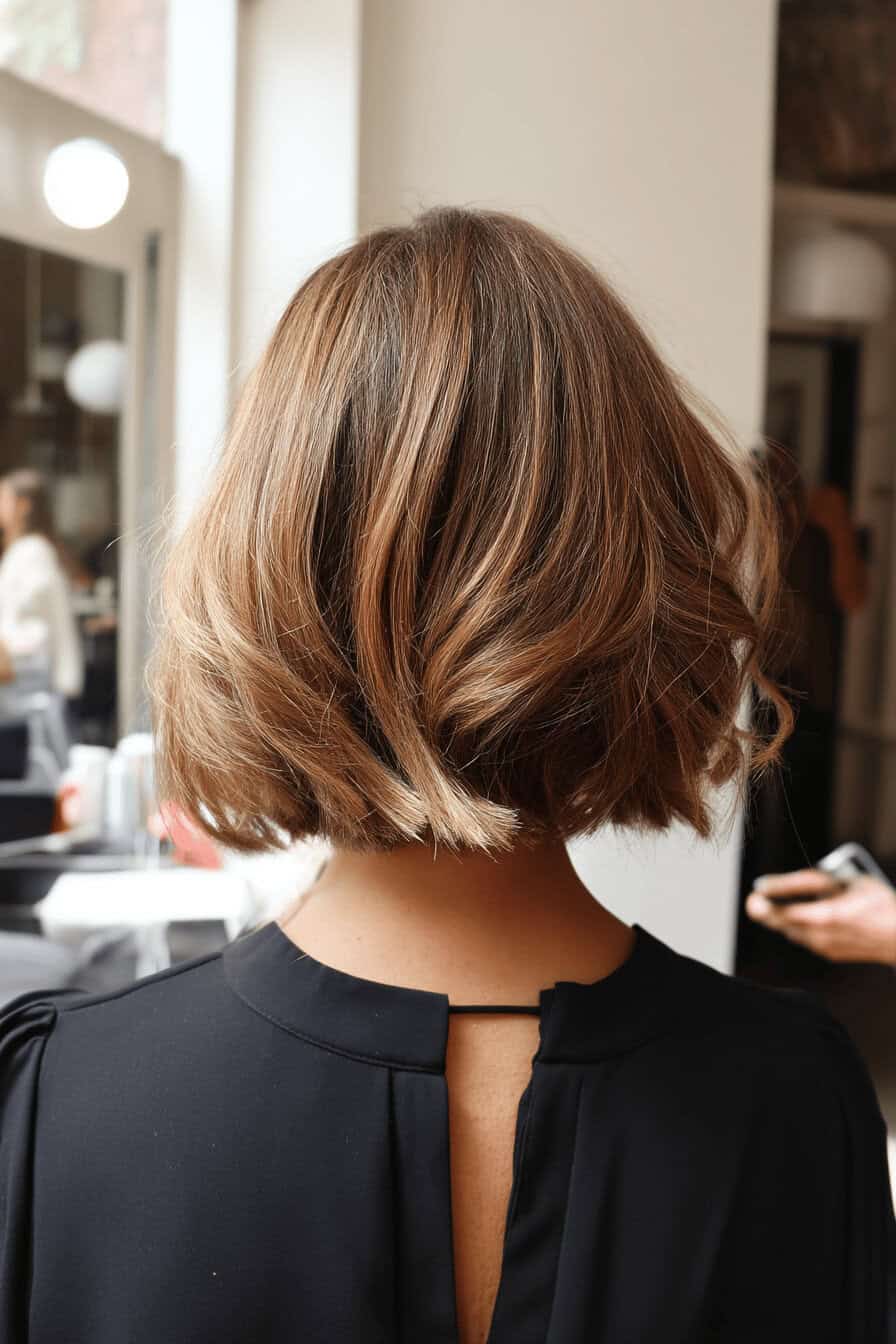 Kurzer Bob mit Balayage im Friseursalon.