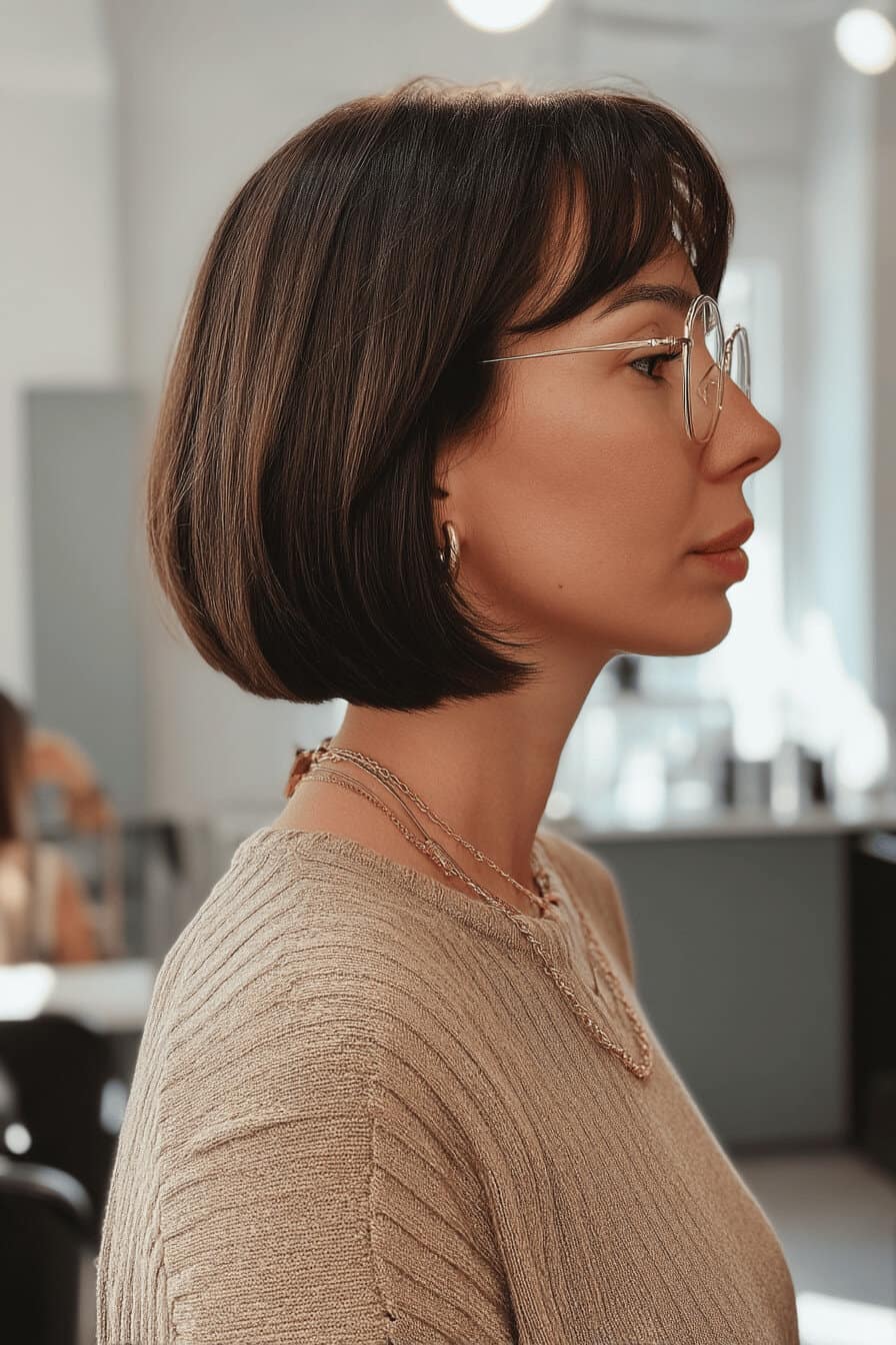 Frau mit Bob-Frisur und Brille im Profil in einem hellen Raum.