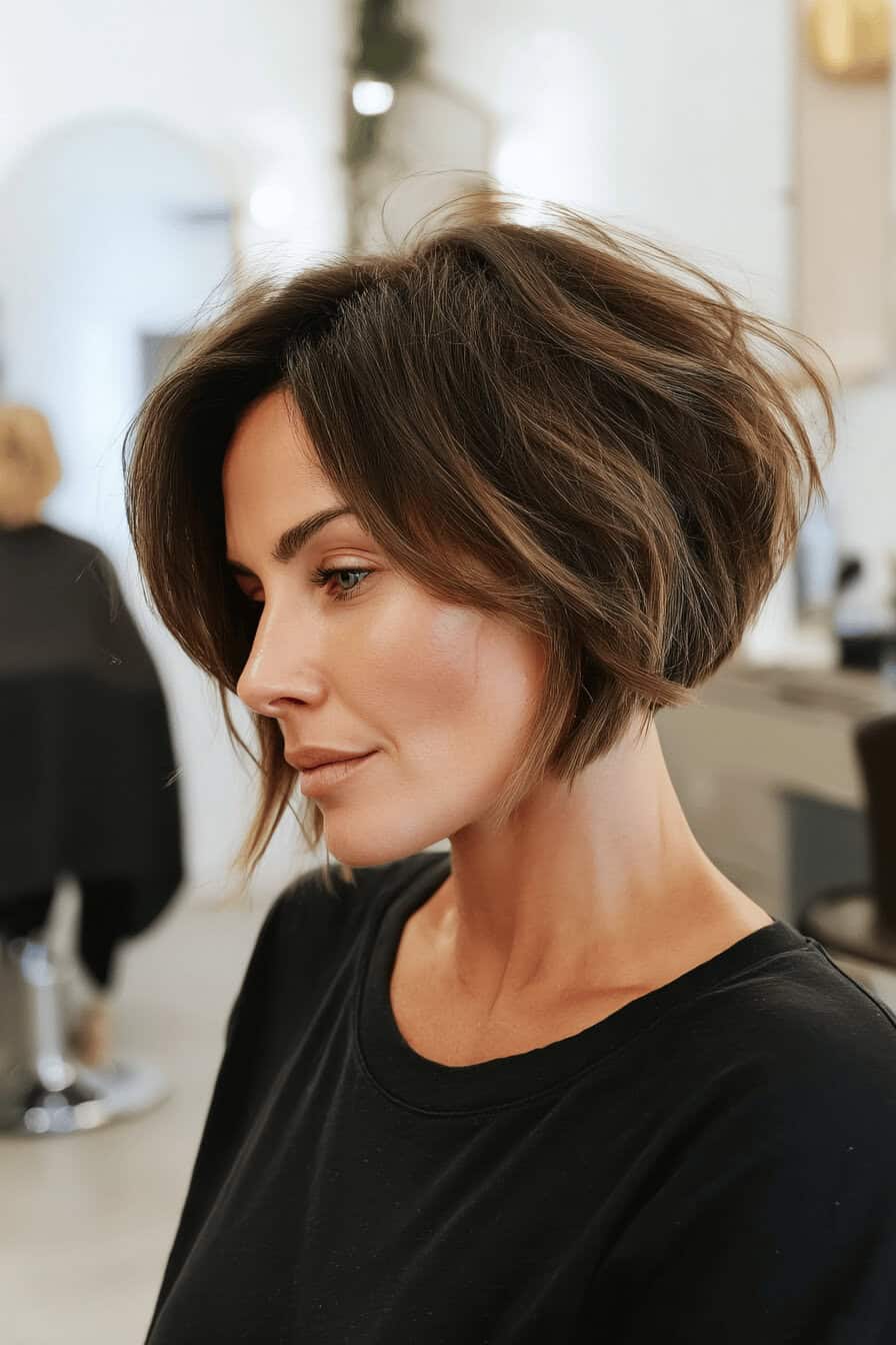 Frau mit einer stilvollen kurzen Bob-Frisur für dickes Haar im Friseursalon.