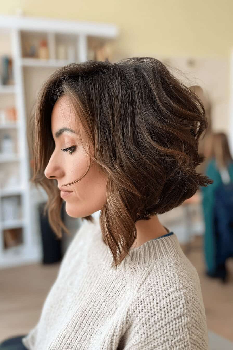 Frau mit welligem Bob-Haarschnitt und dickem Haar im Profil.