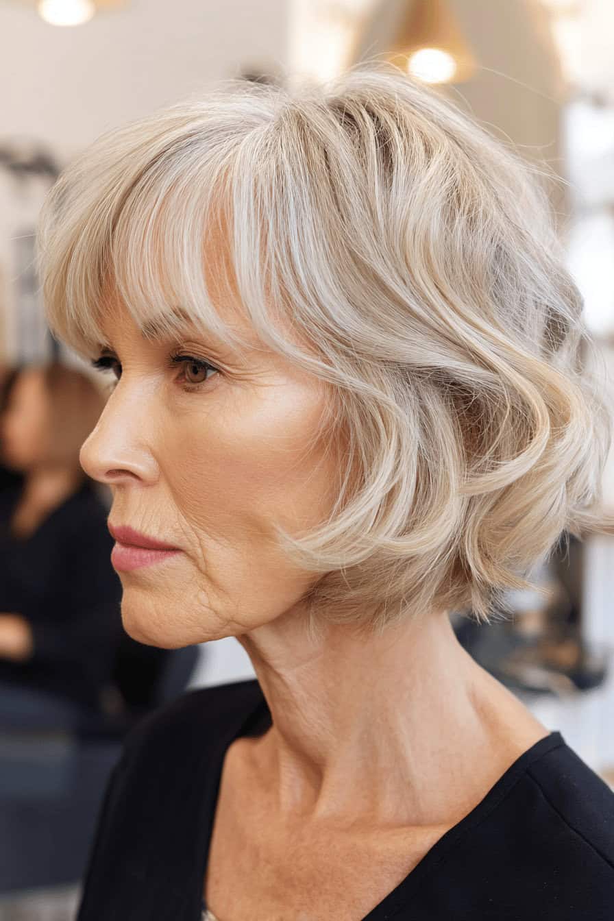 Seitliches Profil einer Frau über 60 mit welligem Bob und Fransen.
