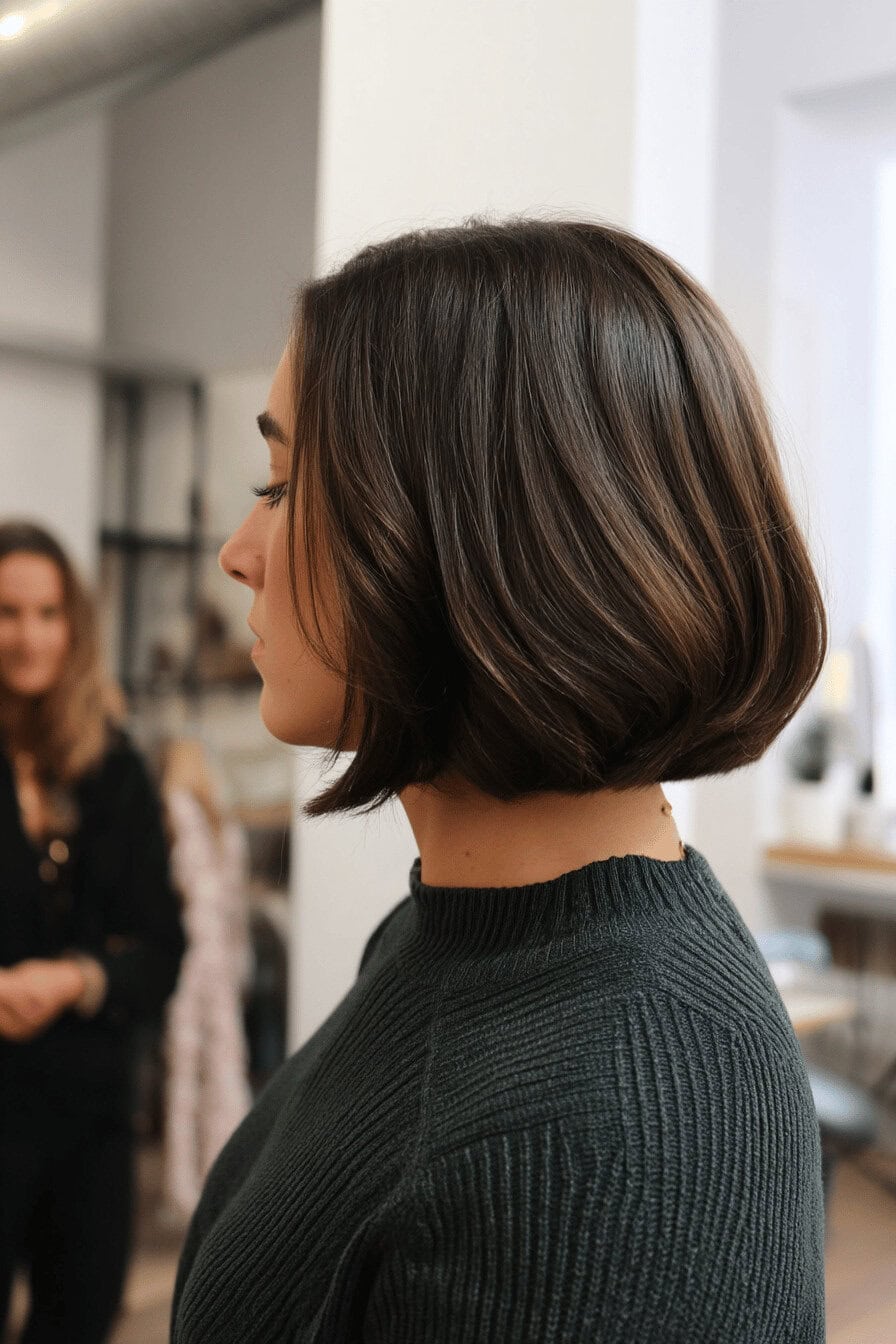 Profilansicht einer Frau mit elegantem Bob-Haarschnitt in einem hellen Raum.