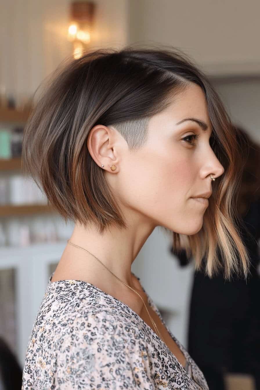 Seitlicher Blick auf eine Frau mit modernem, kurzem Bob und Undercut.