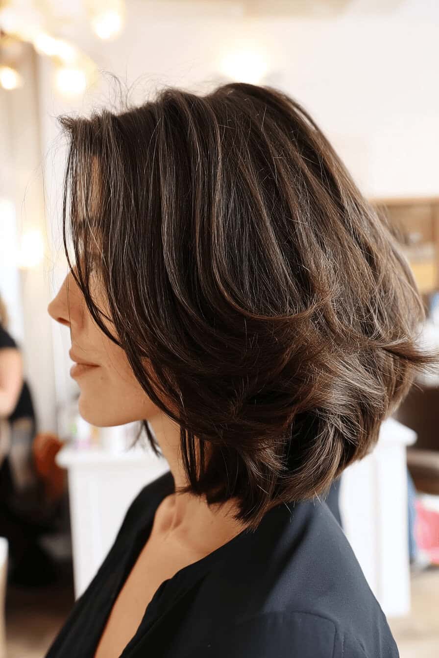 Seitliche Ansicht einer Frau mit schulterlangem, geschichtetem Bob im Friseursalon.