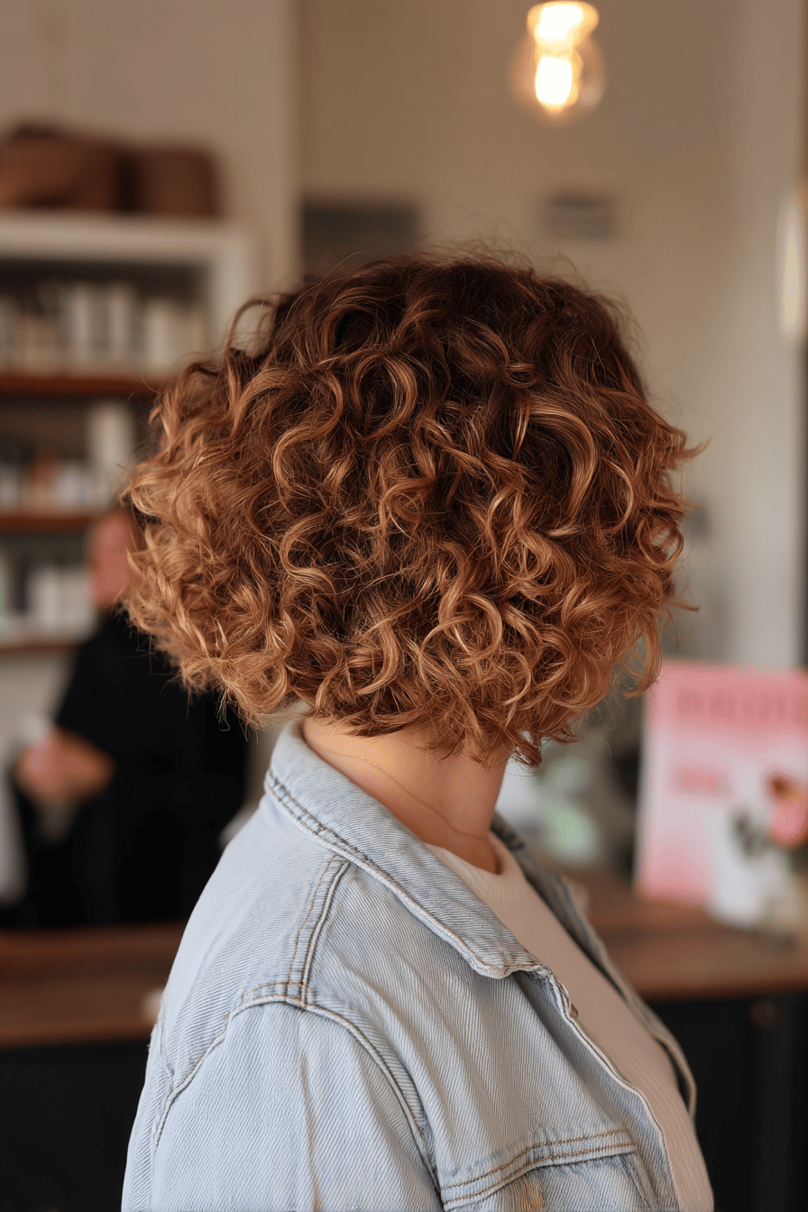 Seitliche Ansicht eines lockigen Bob mit Balayage in einem hellen Raum.