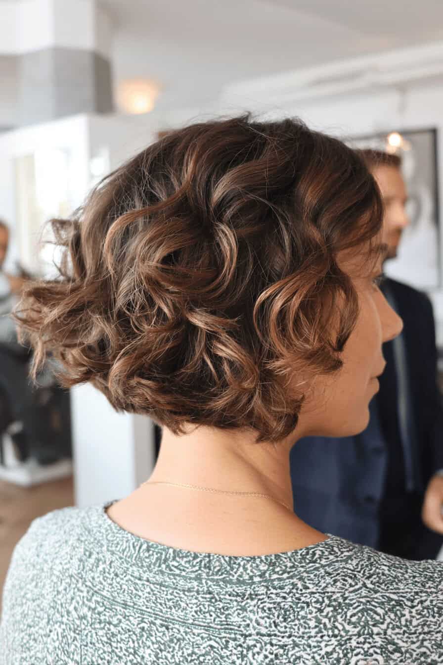 Seitlicher Blick auf einen lockigen Bob-Haarschnitt einer Person mit braunen, definierten Locken.