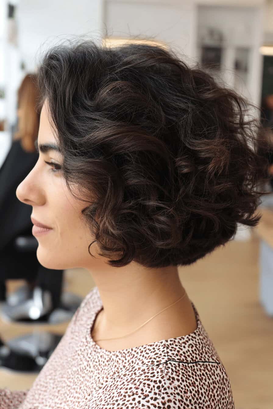 Seitenansicht einer Frau mit einem lockigen Bob und tiefem Seitenscheitel in einem Friseursalon.