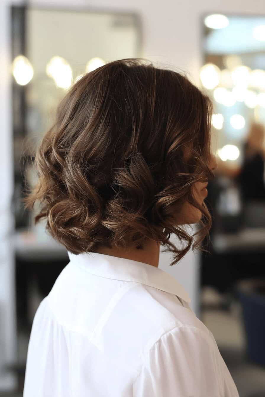 Seitliches Profil einer Person mit einem lockigen Bob-Haarschnitt.