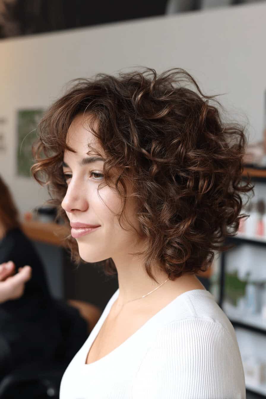 Frau mit lockigem Bob-Haarschnitt in einem Salon.