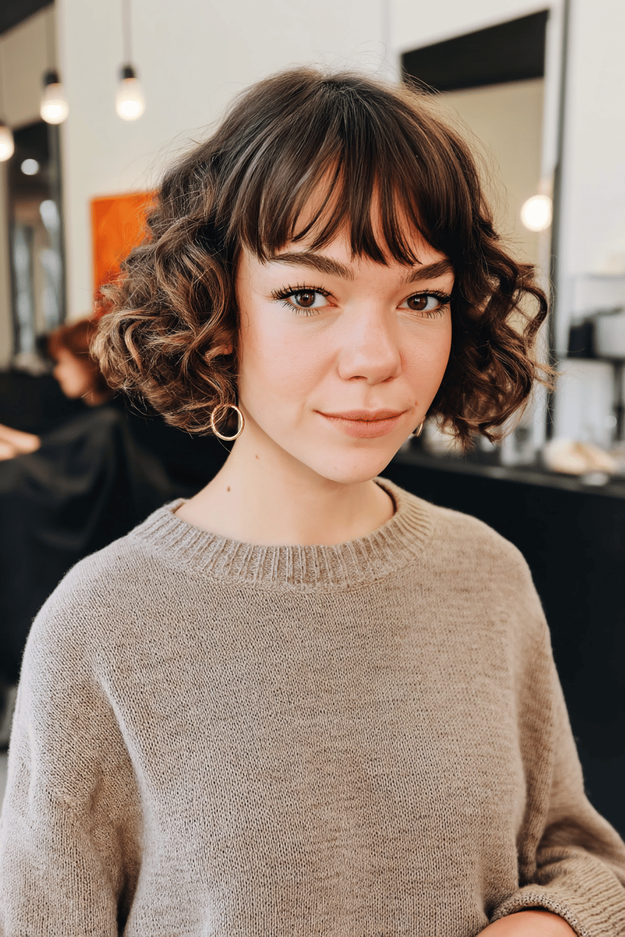 Junge Frau mit lockigem Bob und Pony in einem Friseursalon.