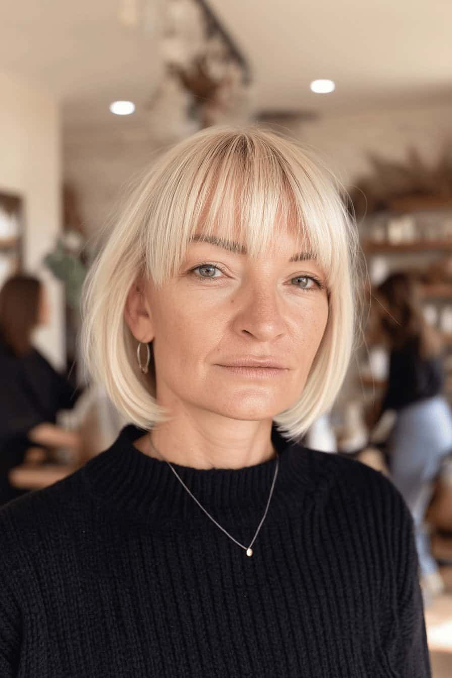 Frau mit einem blonden Bob-Haarschnitt, kombiniert mit einem Pony.