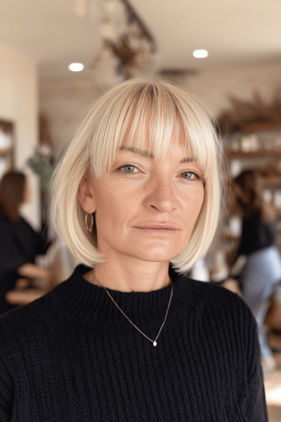 Frau mit einem blonden Bob-Haarschnitt, kombiniert mit einem Pony.