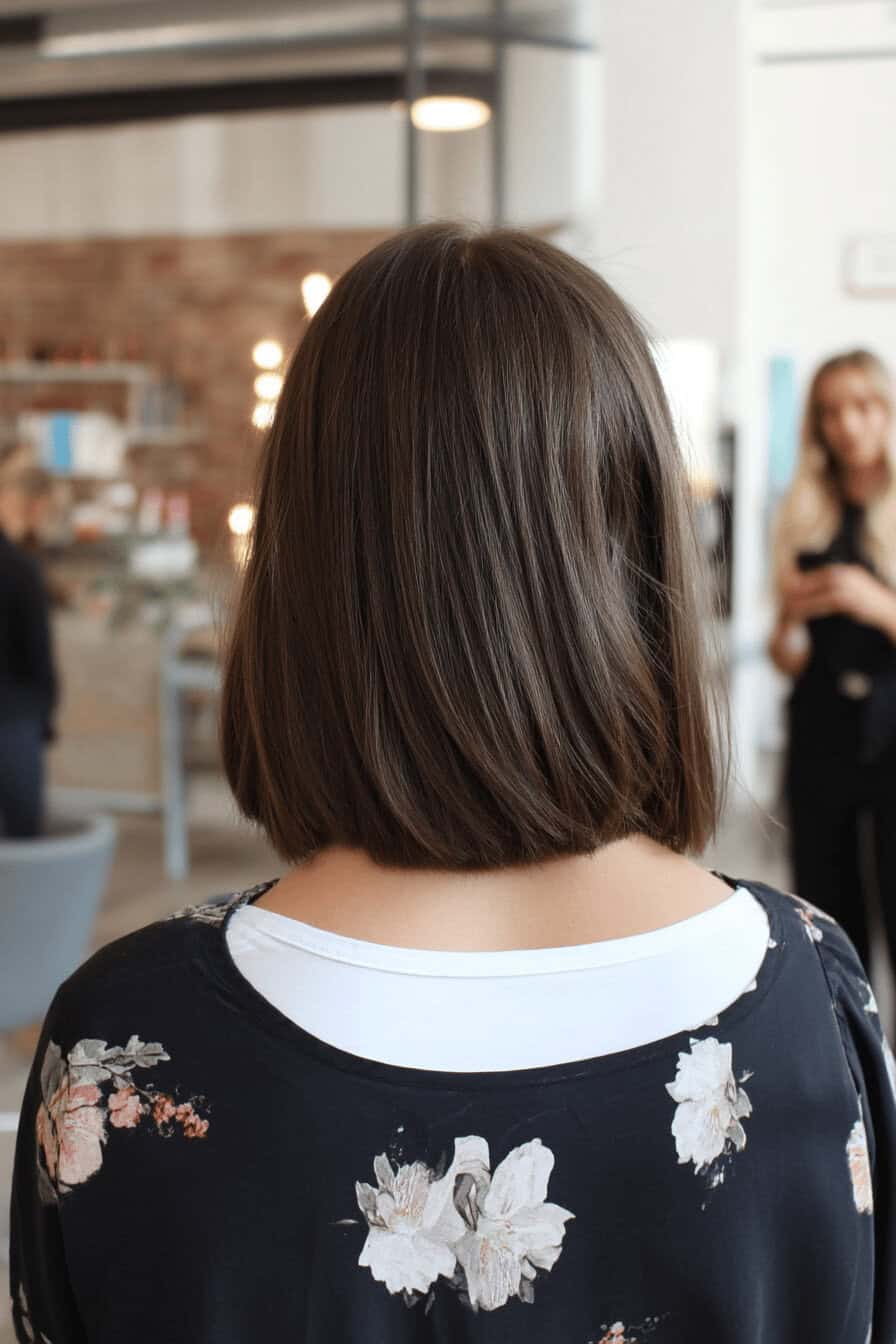 Rückansicht eines schulterlangen Bob Haarschnitts mit Mittelscheitel.