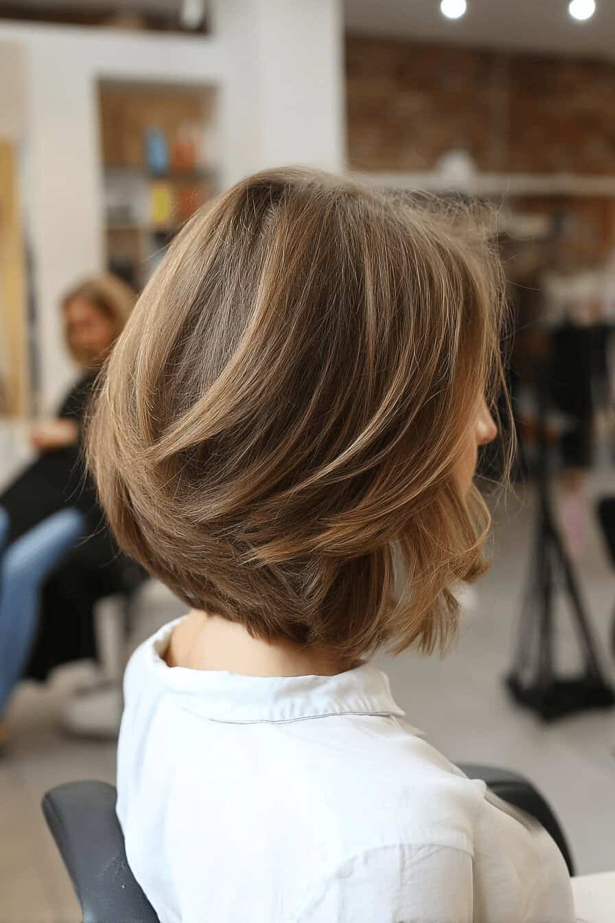 Eine elegante Bob-Frisur für dickes, mittleres Haar in einem Friseursalon.
