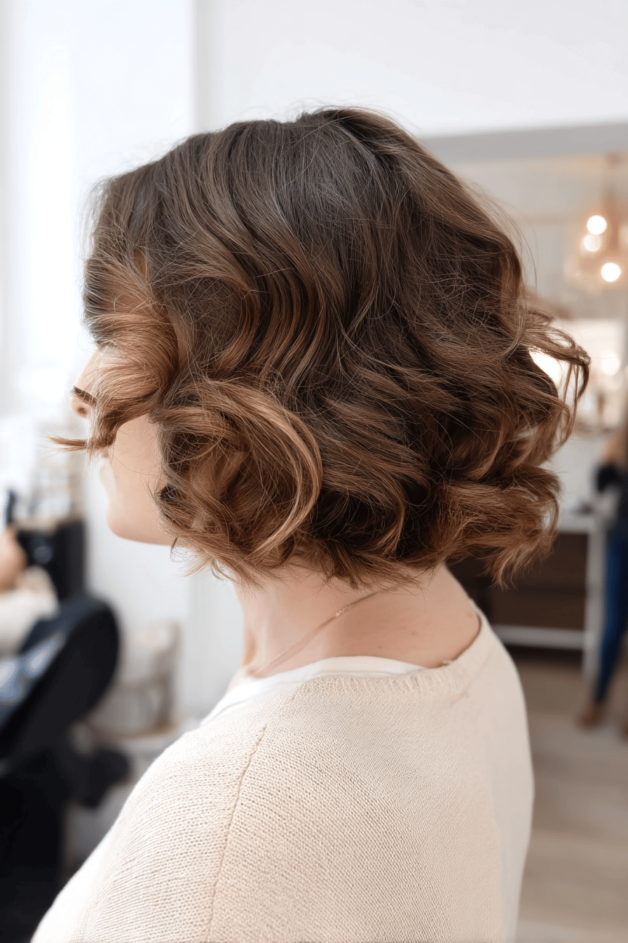 Seitliche Ansicht einer Frau mit einem Bob-Haarschnitt und sanft gewellten Locken.