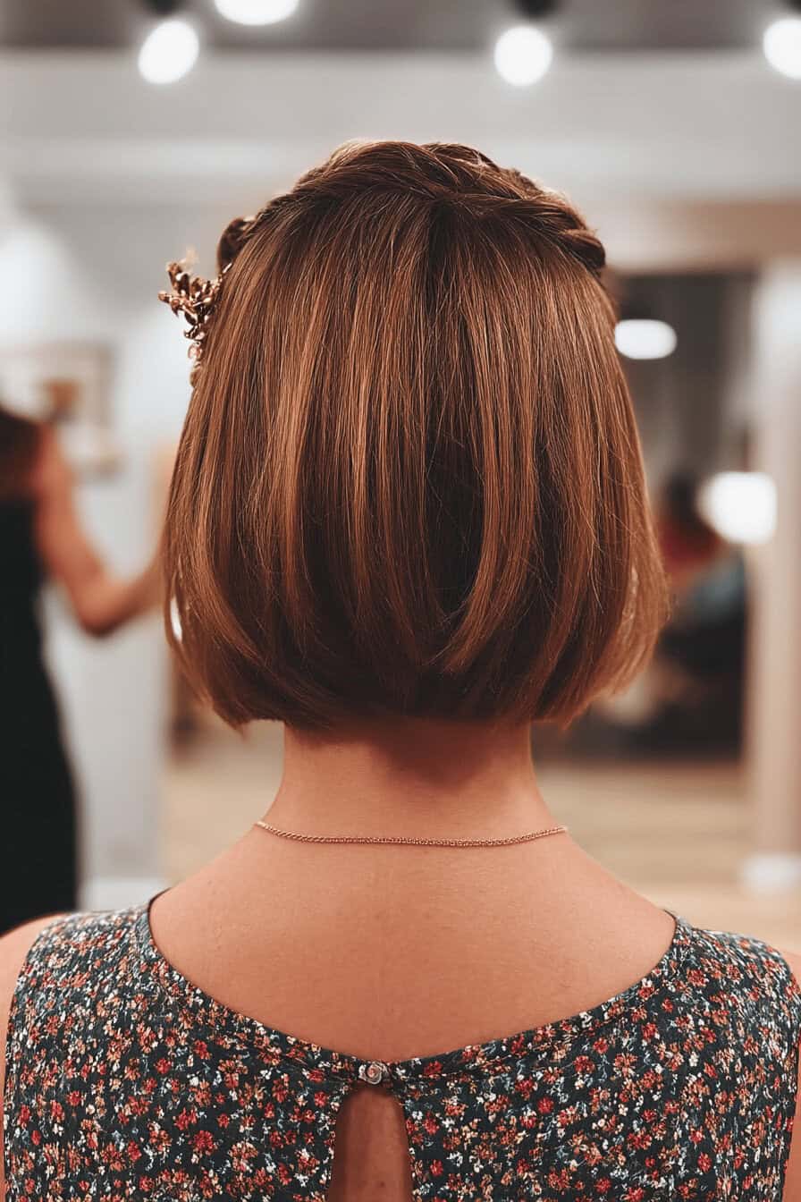 Rückansicht eines kurzen Bobs mit geflochtenem Pony und Haarschmuck.