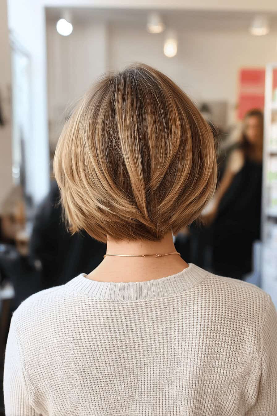 Foto eines gestylten, geschichteten Bob-Haarschnitts von hinten.