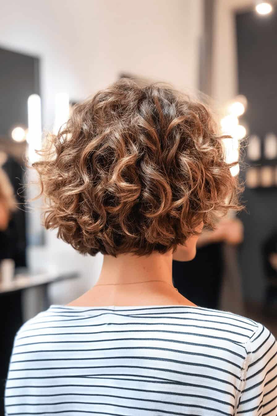 Eine Rückansicht eines Bobs mit lockigen Haaren in einem hellen Raum.
