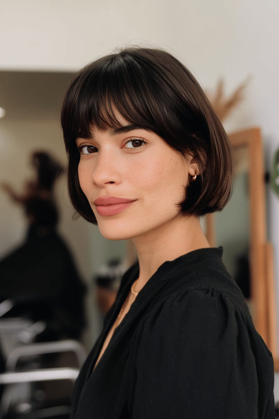 Frau mit kurzer Bob-Frisur und Pony, schwarzes Haar, lächelt leicht.