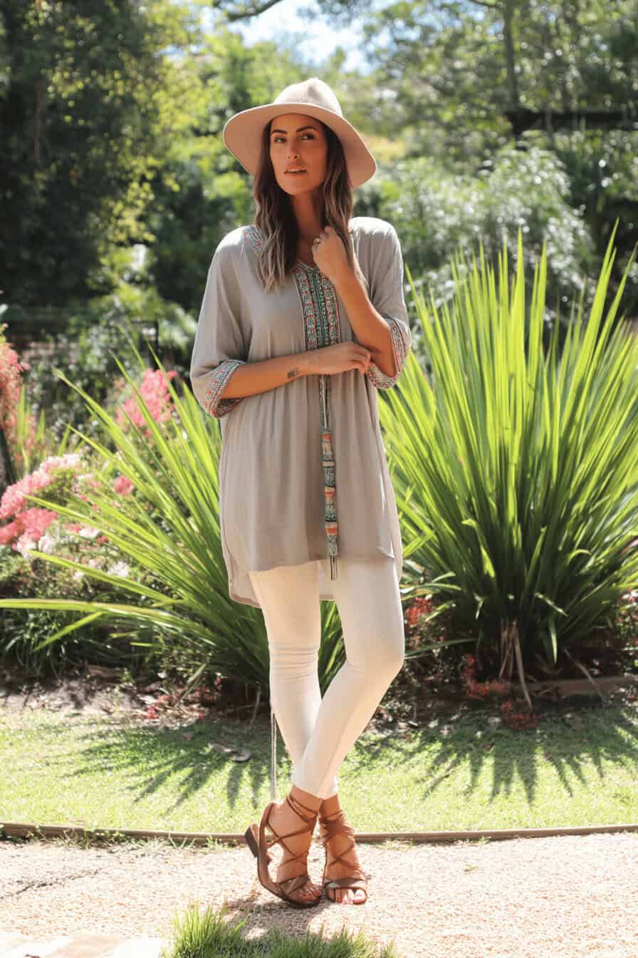 Frau in einer Boho-Chic-Tunika und Hut im Garten.