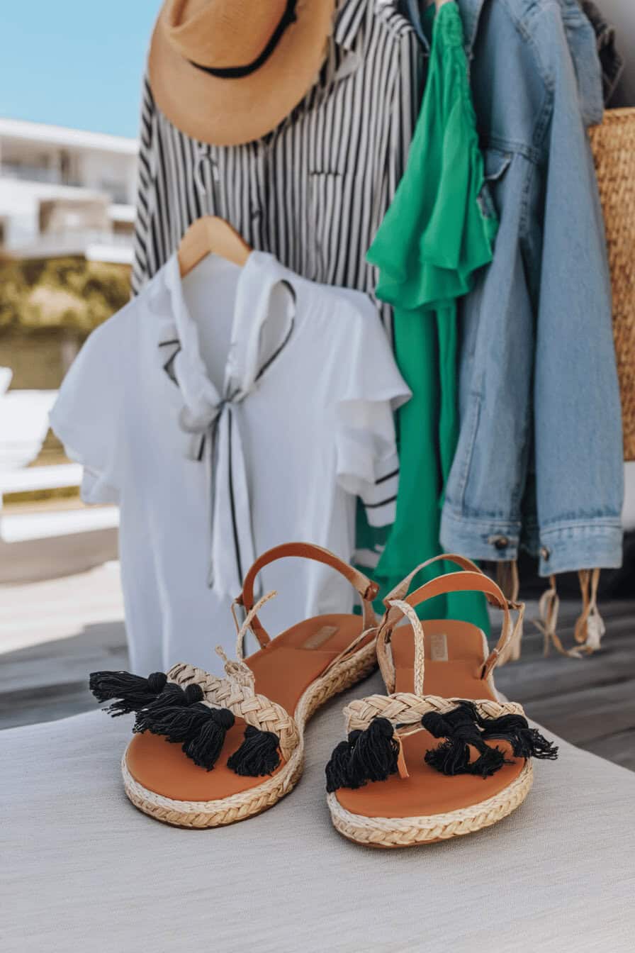 Sandalen mit Raffia-Details in einem sommerlichen Setting mit Kleidung im Hintergrund.