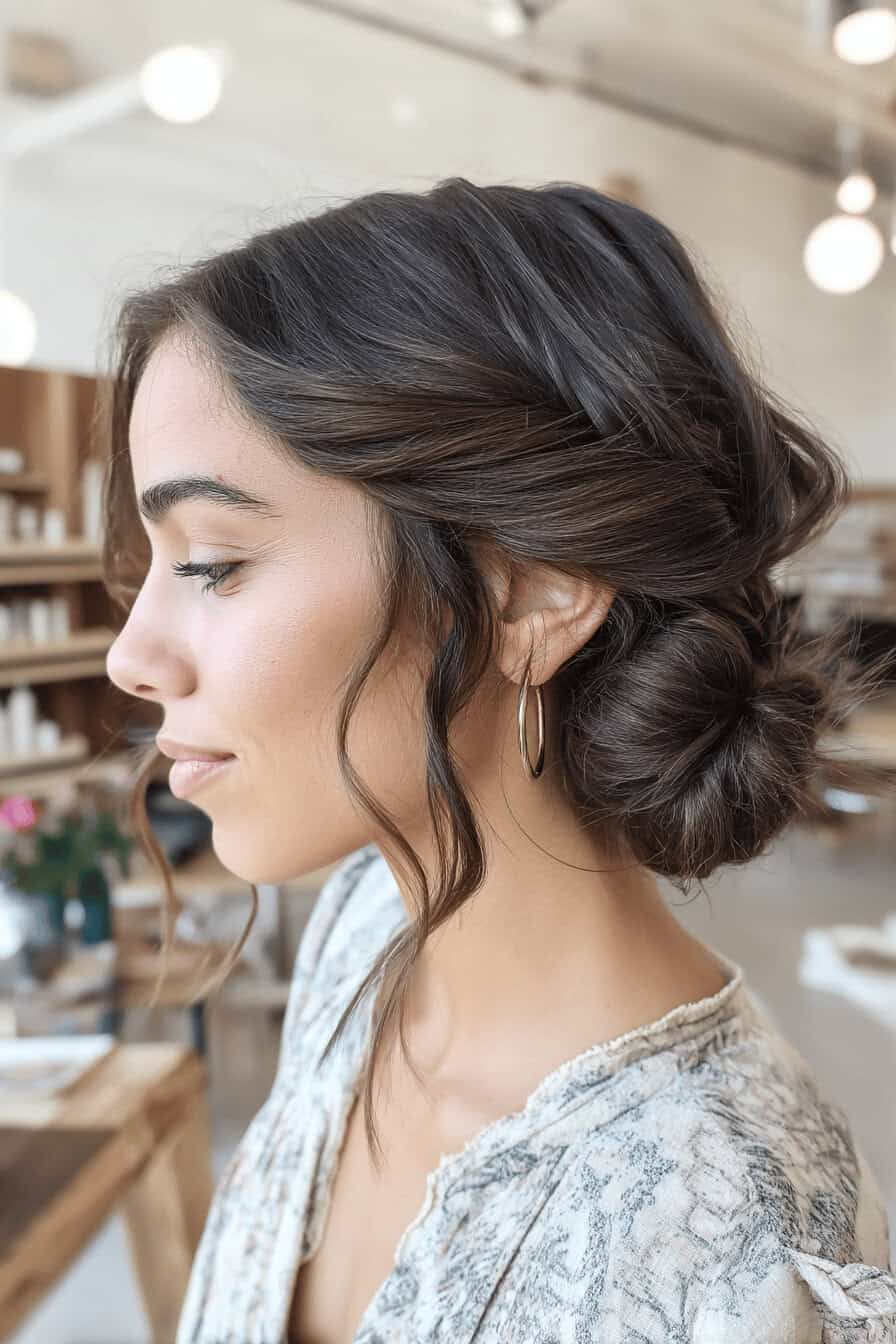 Frau mit eleganter Boho-Sommerfrisur, locker gesteckter Dutt.