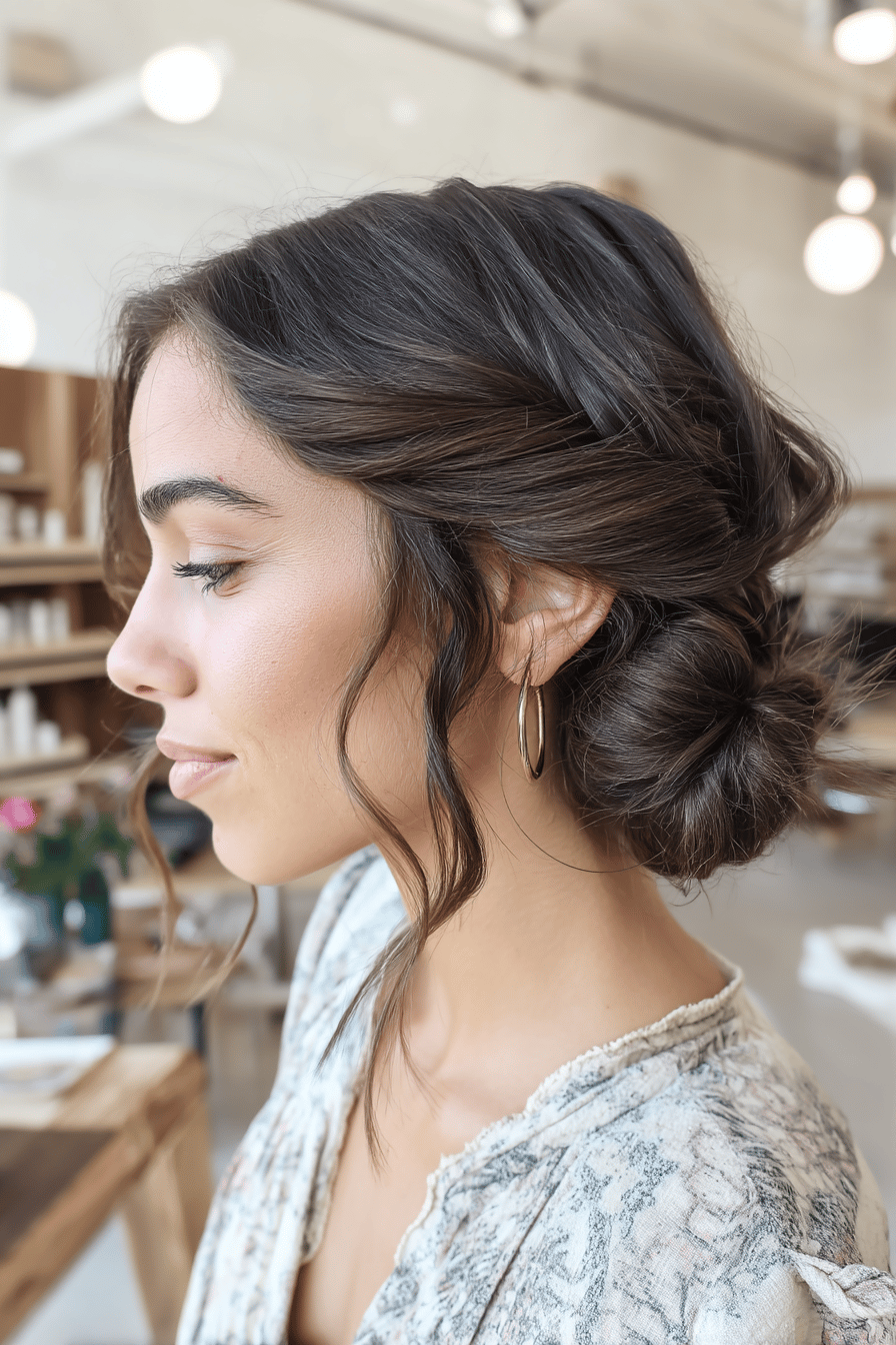 Frau mit eleganter Boho-Sommerfrisur, locker gesteckter Dutt.