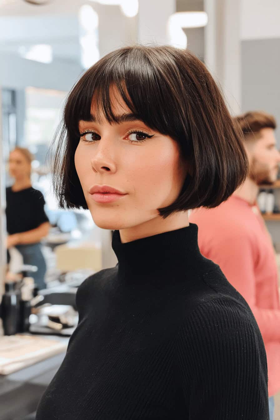 Frau mit kurzem, glattem Box Bob und Pony im Friseursalon.