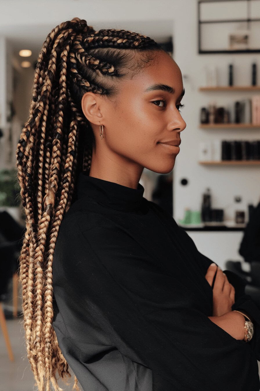 Frau mit langen Box Braids, verziert mit Perlen, seitlich fotografiert.
