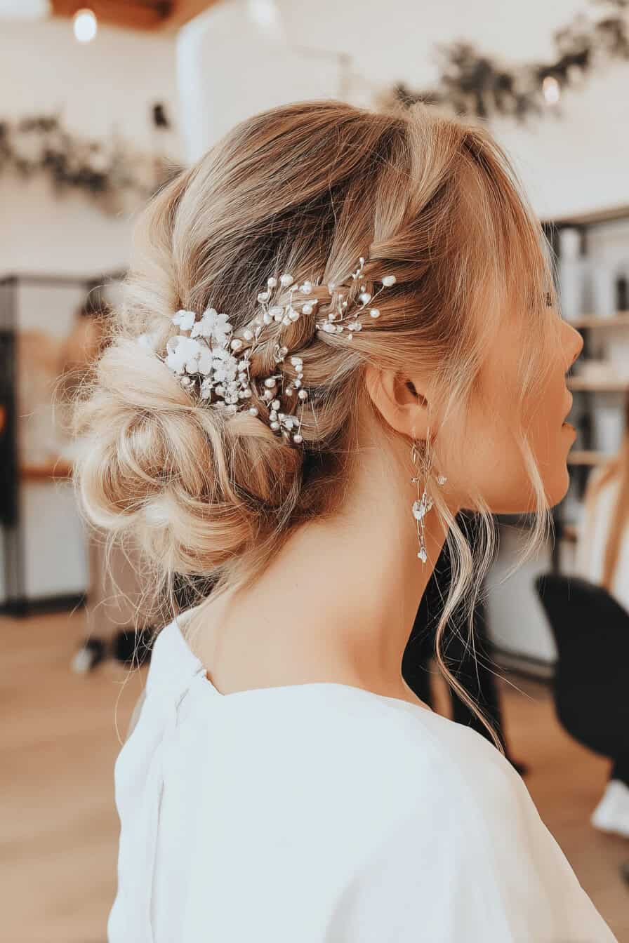 Frau mit eleganter Hochsteckfrisur und perlenbesetztem Haarschmuck.