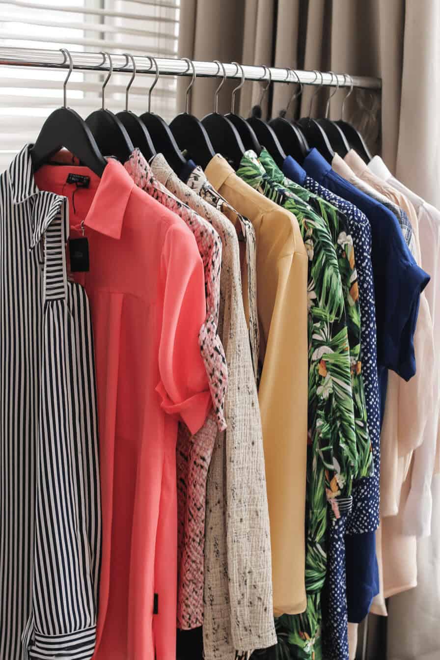 Eine Kleiderstange voller Hemden und Blusen in verschiedenen Farben und Mustern.