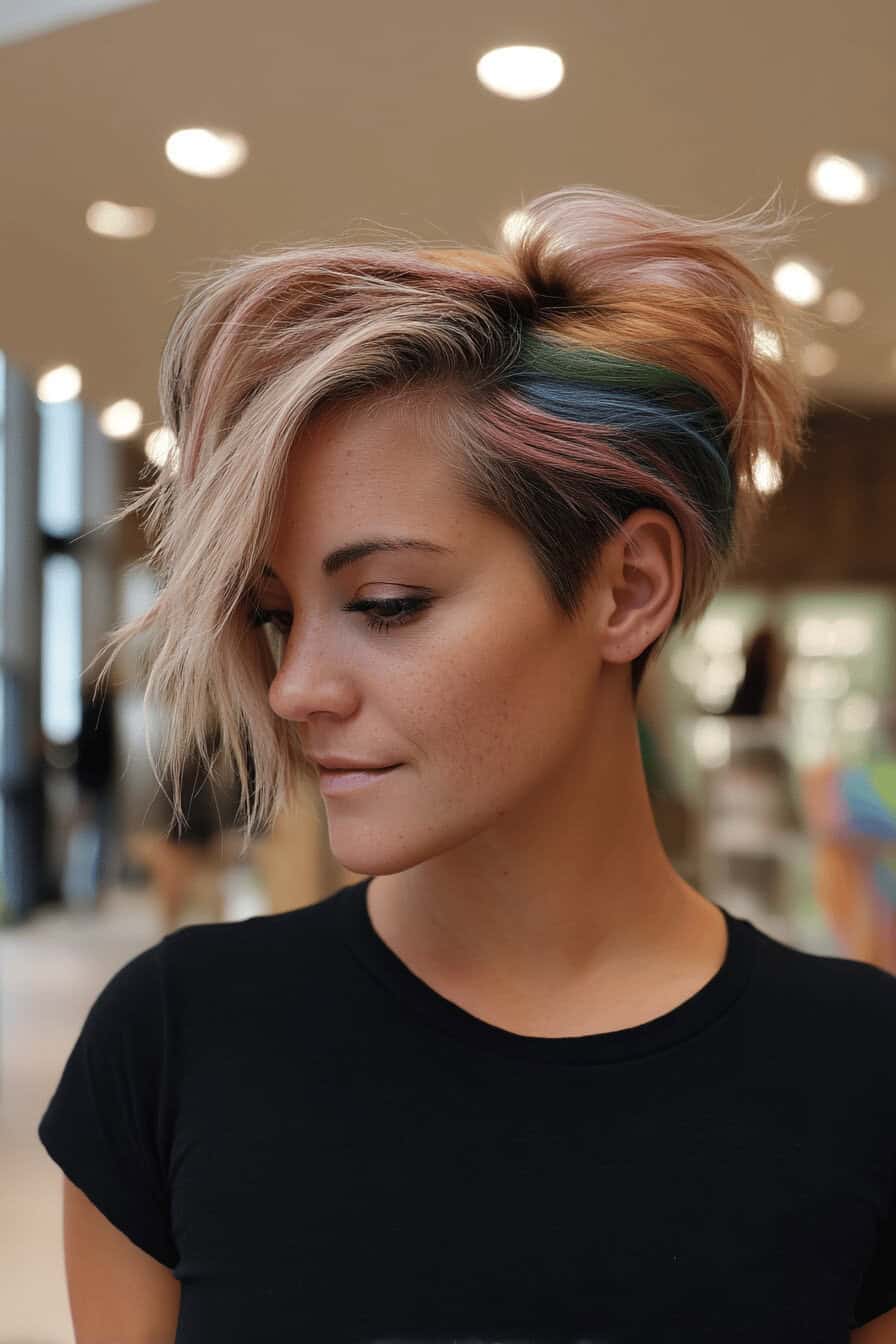 Kurzhaarfrisur mit bunten Haarsträhnen auf einer Seite.