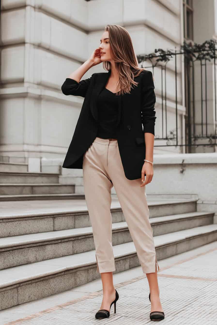 Frau in einem eleganten Blazer und beigen Hosen auf einer Treppe.