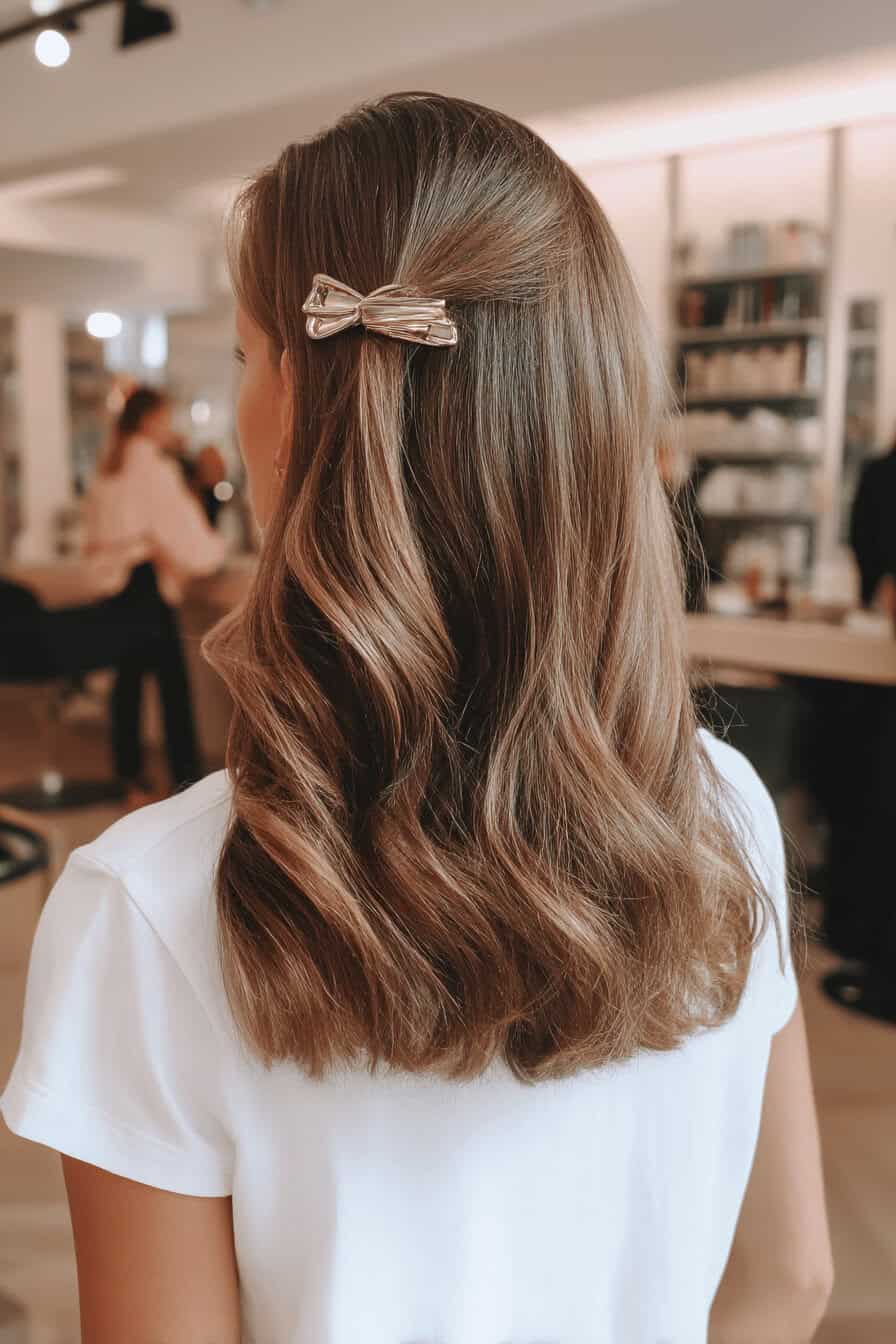 Mittellanges Haar mit einem Butterfly Clip, im Friseursalon gestylt.