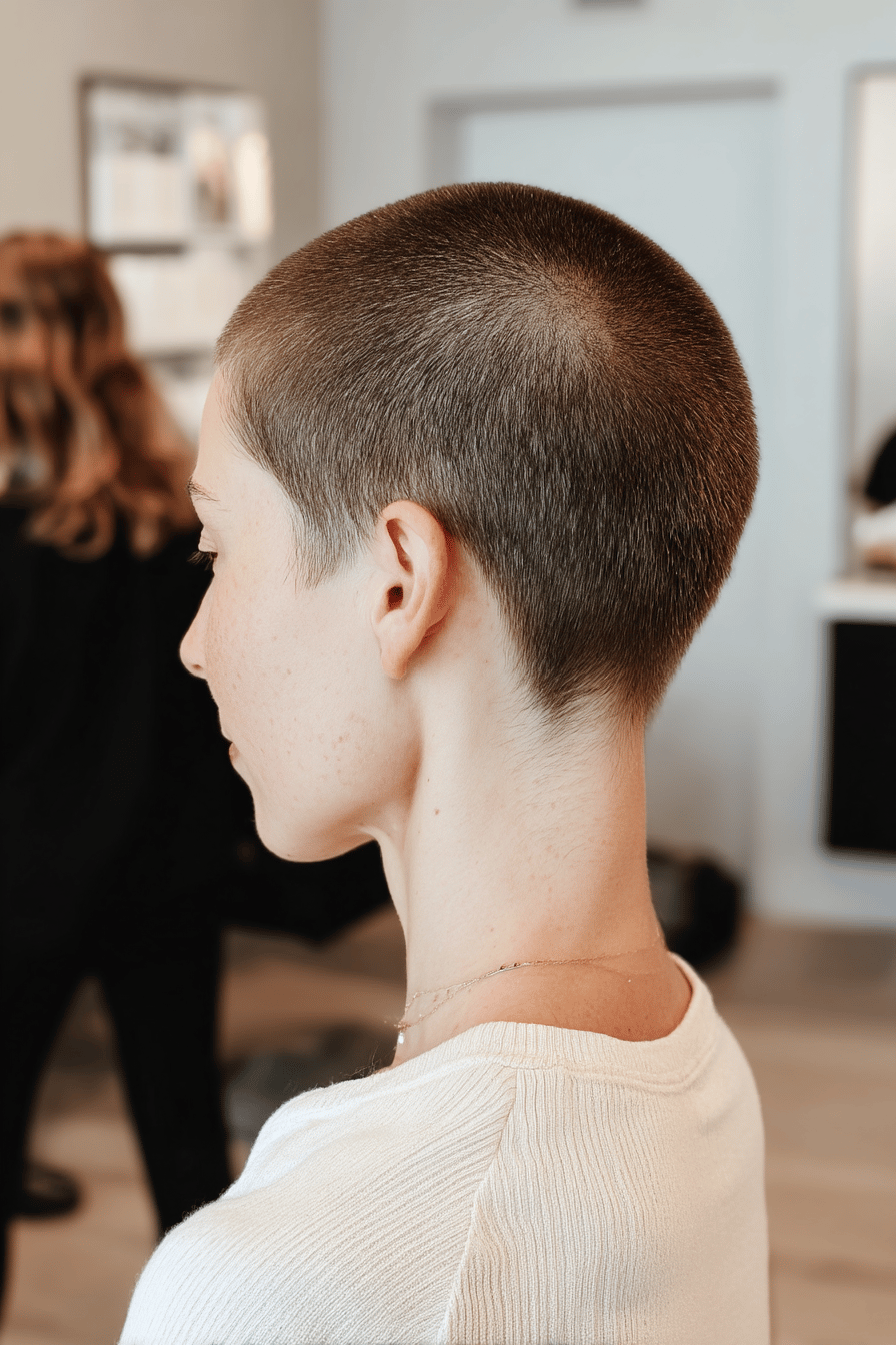 Nahaufnahme eines weiblichen Hinterkopfes mit Buzz Cut.